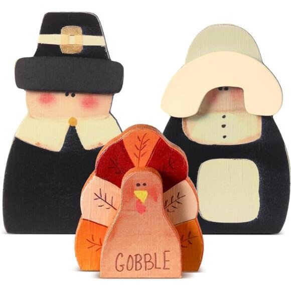 3 Pcs Fall Thanksgiving Decorations Fall Wooden Turkey Pilgrim Couple Table Sign - Picture 1 of 7